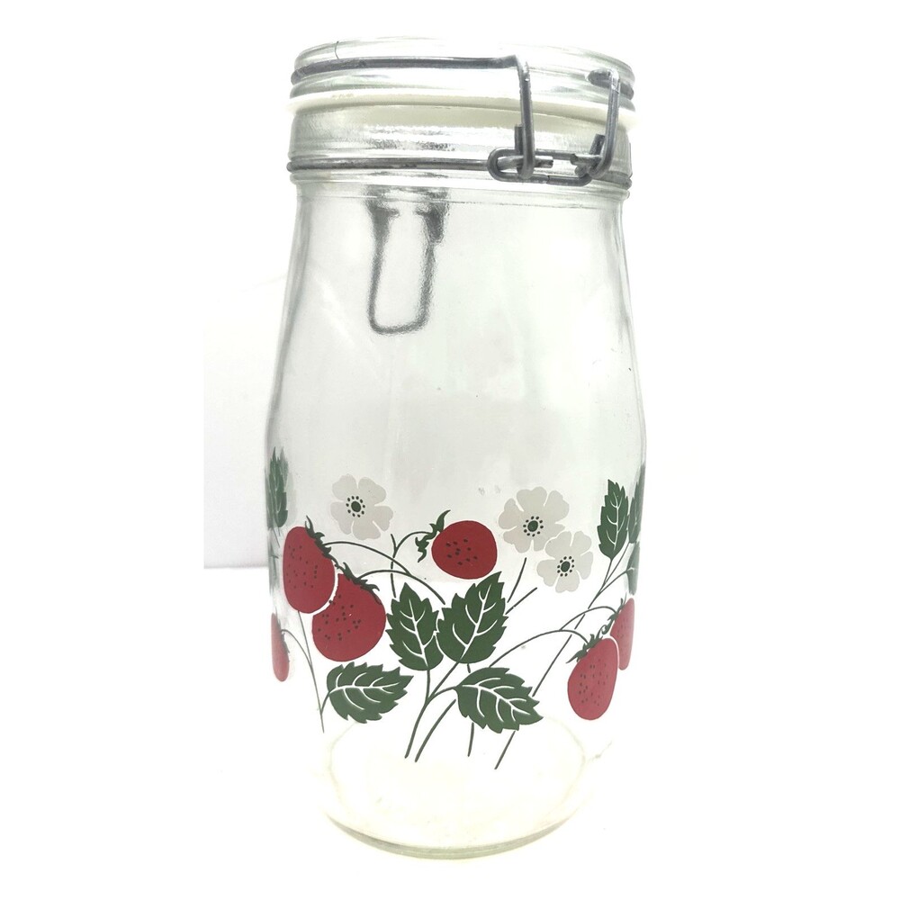 2 Carlton Glass Jar Canister 10” & 9” Bail Lid Strawberries 2 L 1.5 L USA - Picture 13 of 16